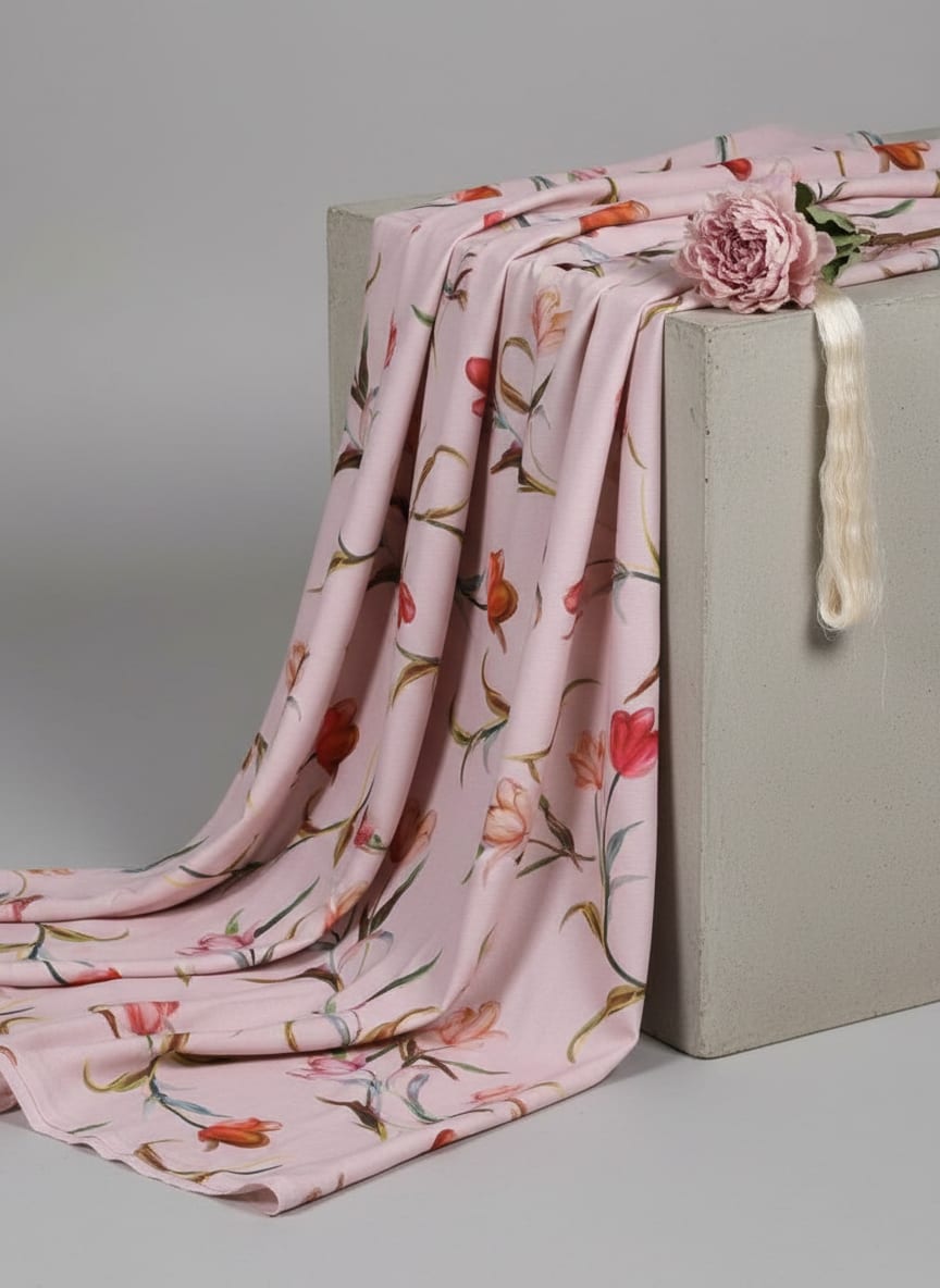 Pink Tulip Floral Print Premium Polyester Fabric for Apparel