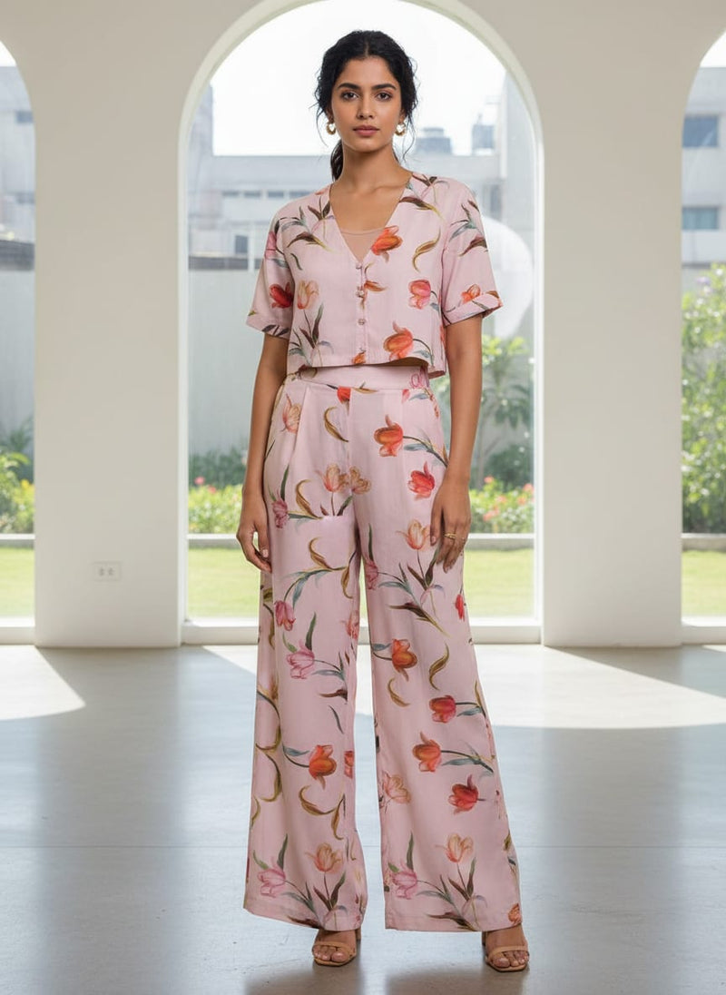 Pink Tulip Floral Print Premium Polyester Fabric for Apparel
