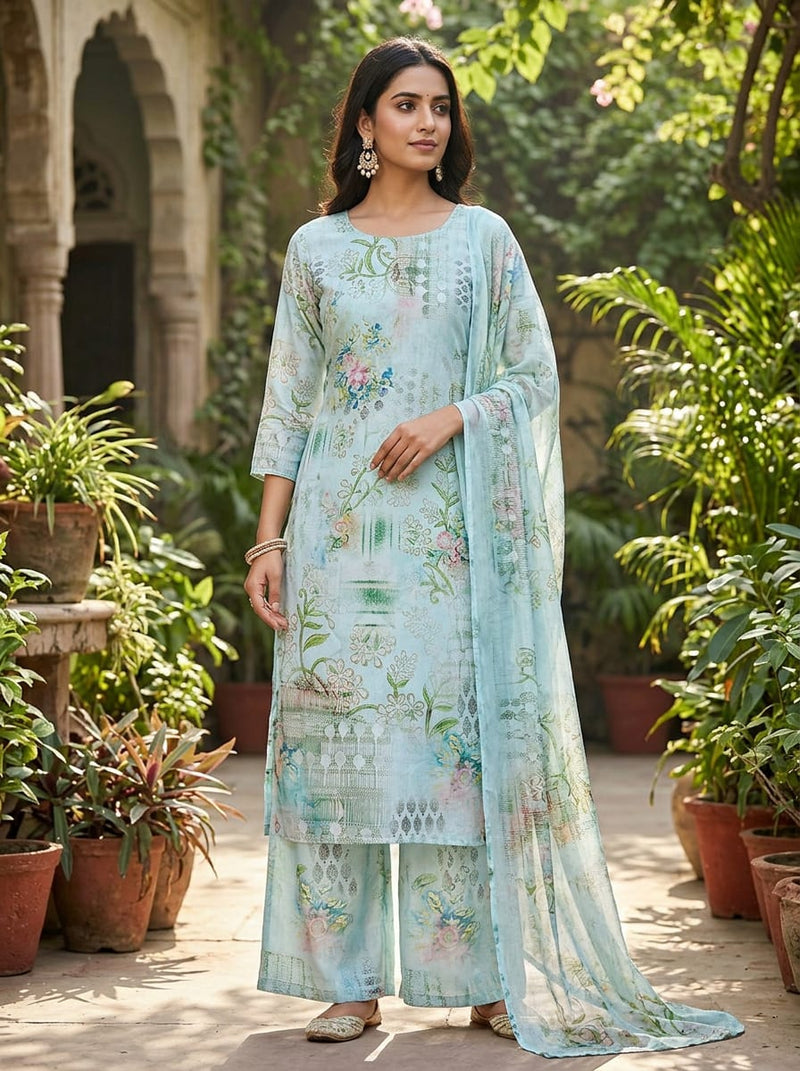 Green Abstract Floral Ethnic Patchwork Premium Quality Digital Printed Fabric