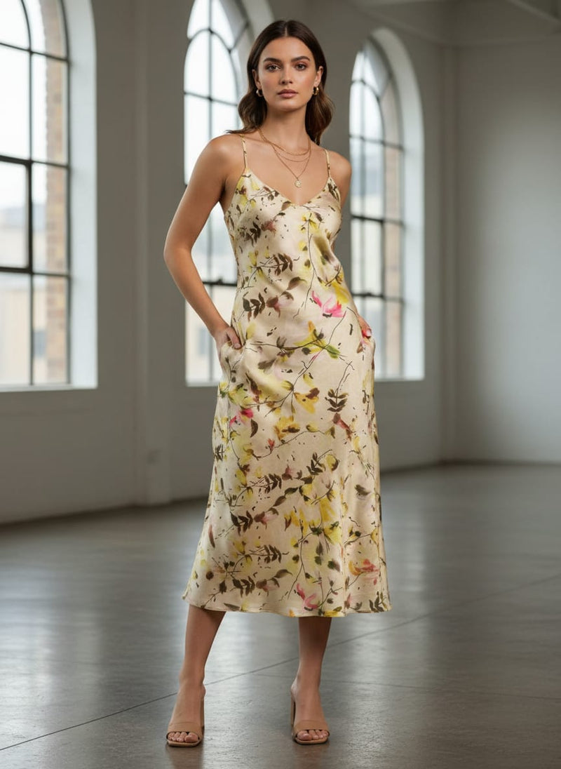 Dola Silk Abstract Floral Beige Pink Yellow Polyester Fabric