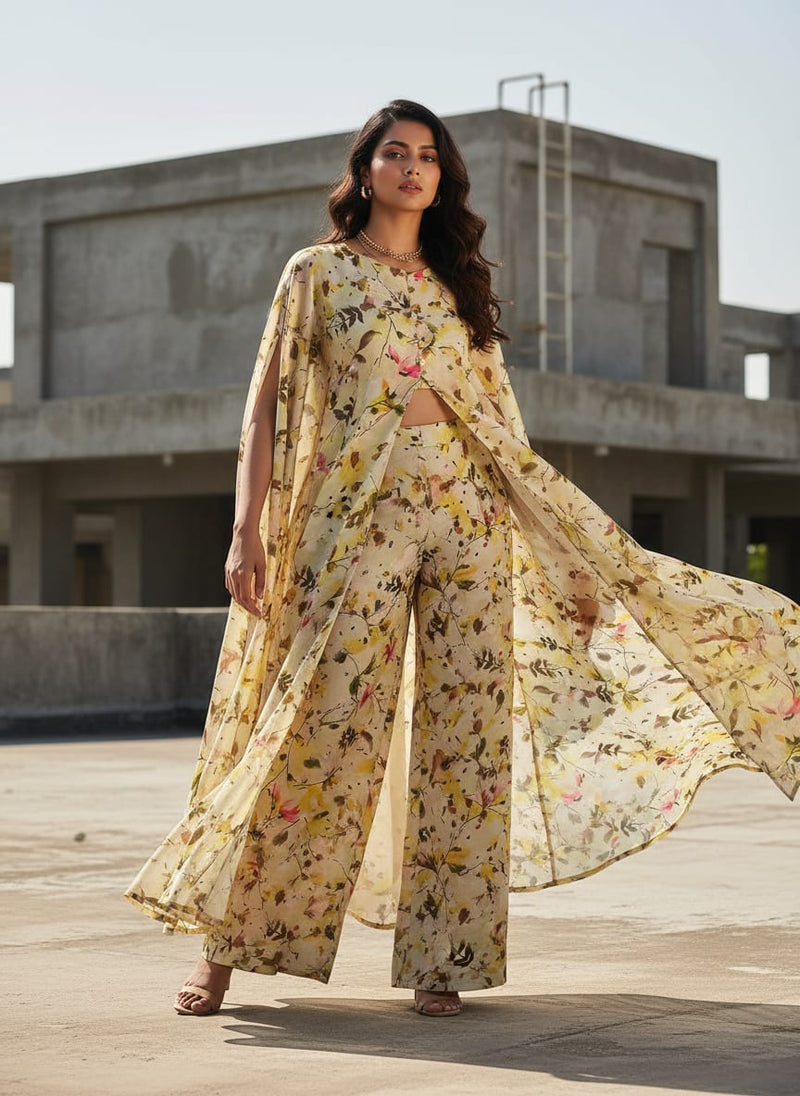 Dola Silk Abstract Floral Beige Pink Yellow Polyester Fabric