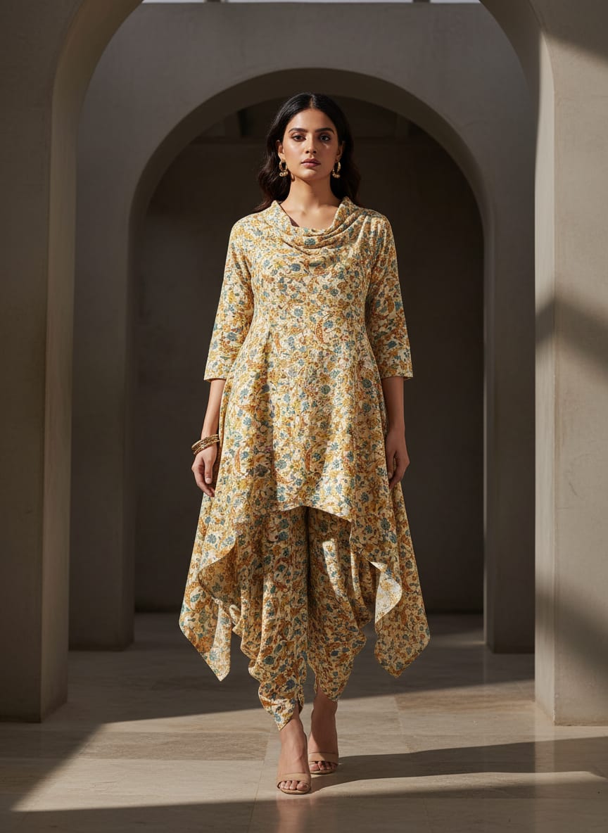 Cream Yellow Blue Floral Ethnic Polyester Printed Fabric