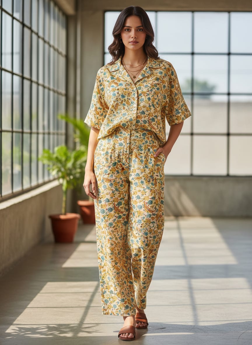 Cream Yellow Blue Floral Ethnic Polyester Printed Fabric