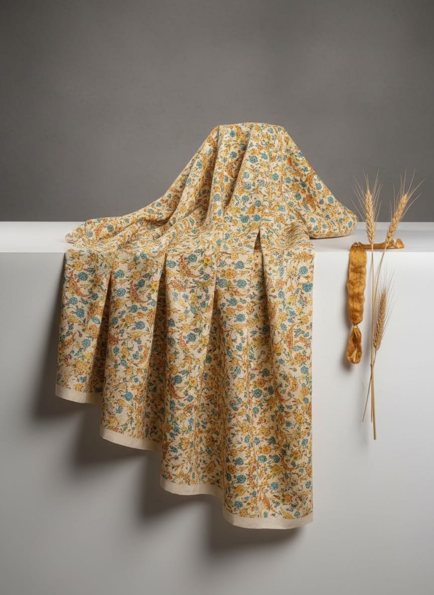 Cream Yellow Blue Floral Ethnic Polyester Printed Fabric