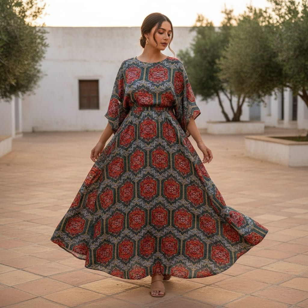 Red & Teal Geometric Ethnic Print Dola Silk Fabric