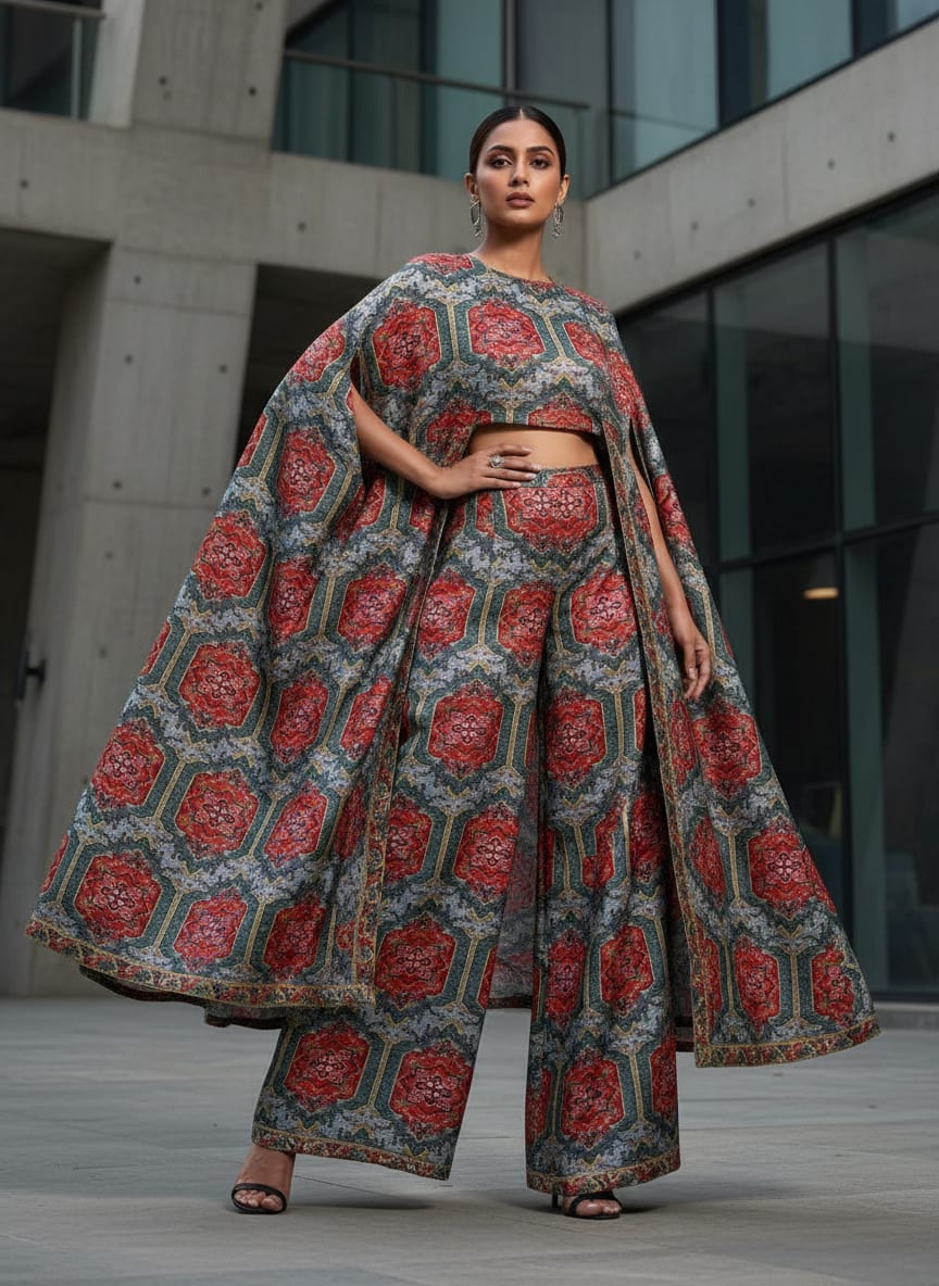Red & Teal Geometric Ethnic Print Dola Silk Fabric