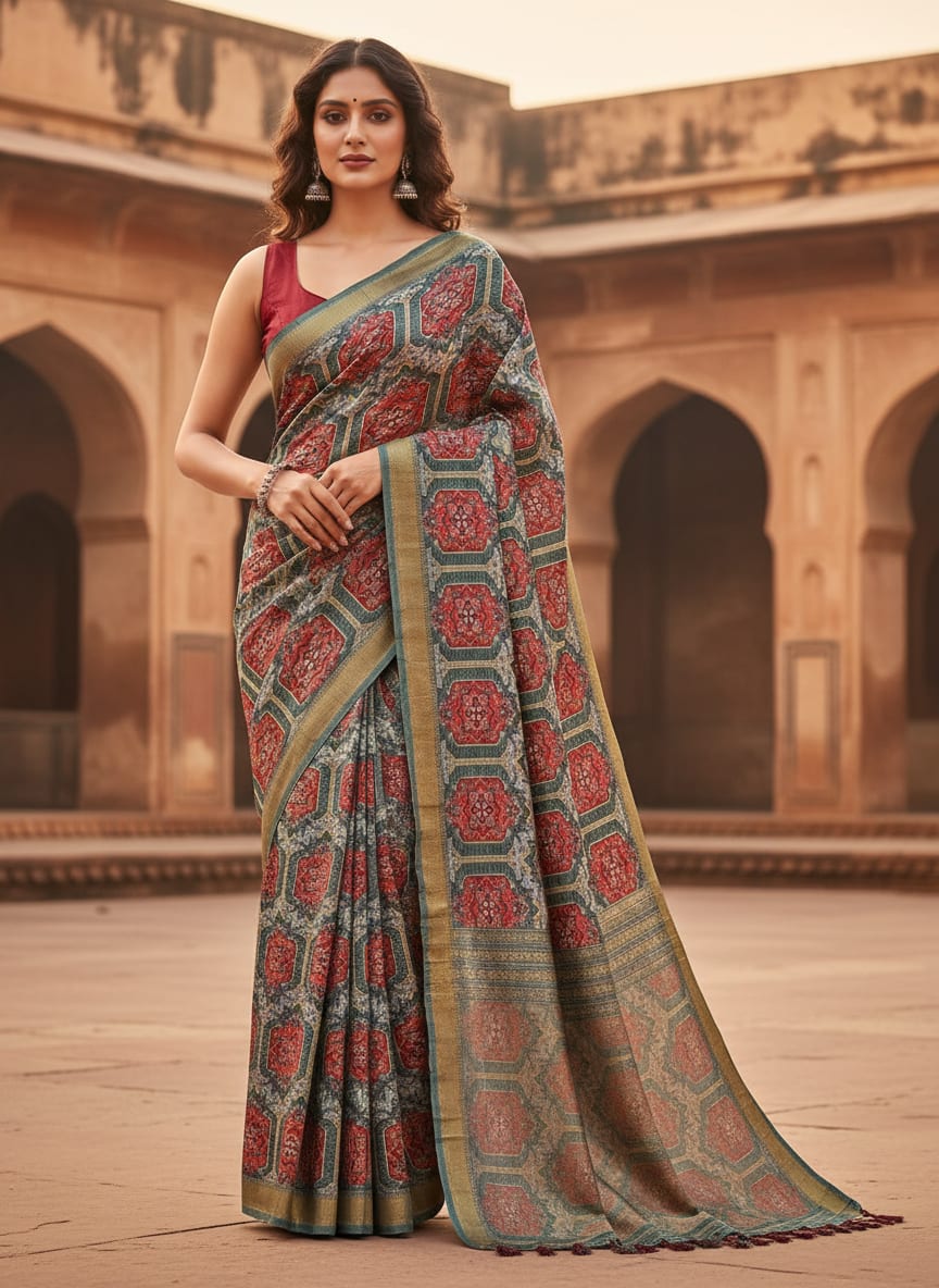 Red & Teal Geometric Ethnic Print Dola Silk Fabric