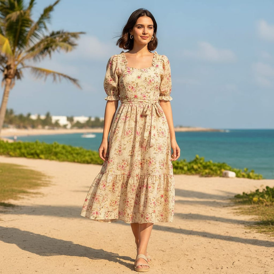 Beige Floral Printed Kota Doria Polyester Fabric