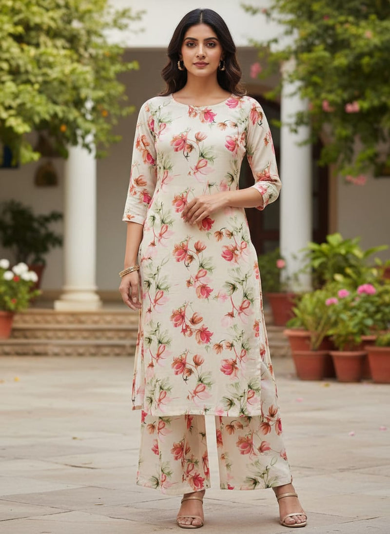 Premium Cream Pink Floral Polyester Fabric - 145CM Width