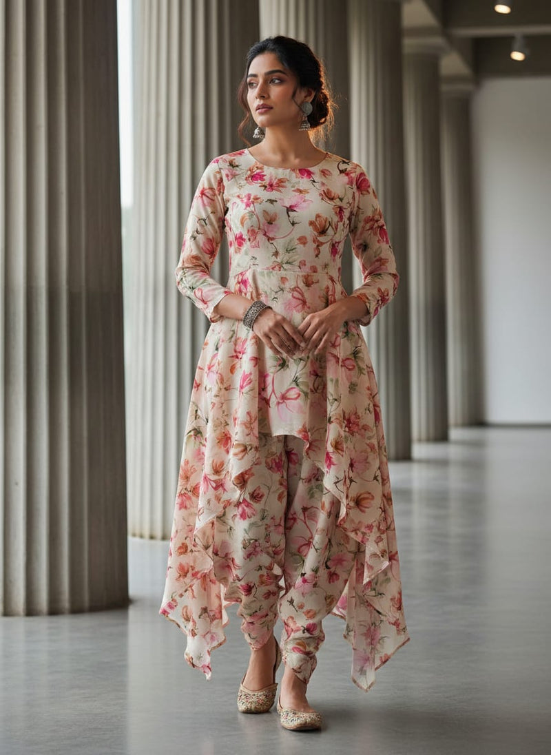 Premium Cream Pink Floral Polyester Fabric - 145CM Width