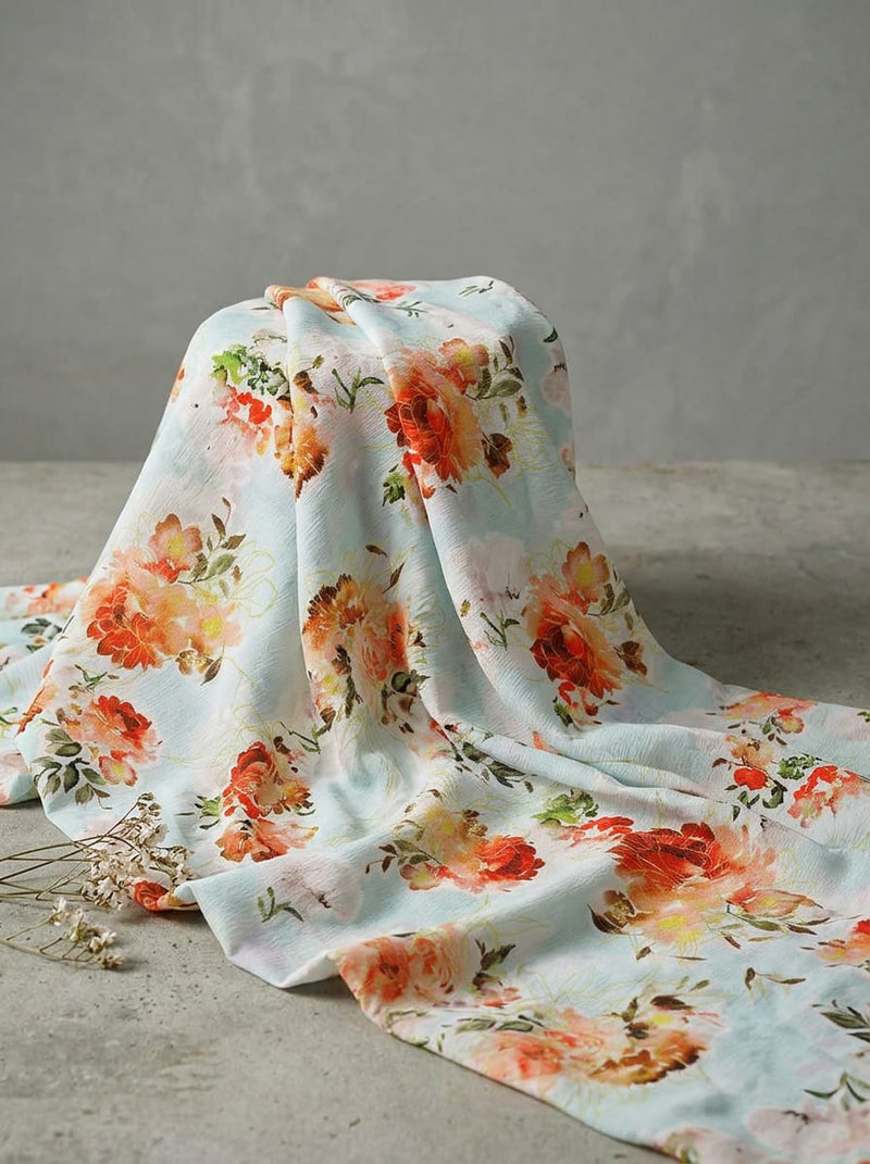 Blue Watercolor Floral Blooms Premium Quality Digital Printed Fabric