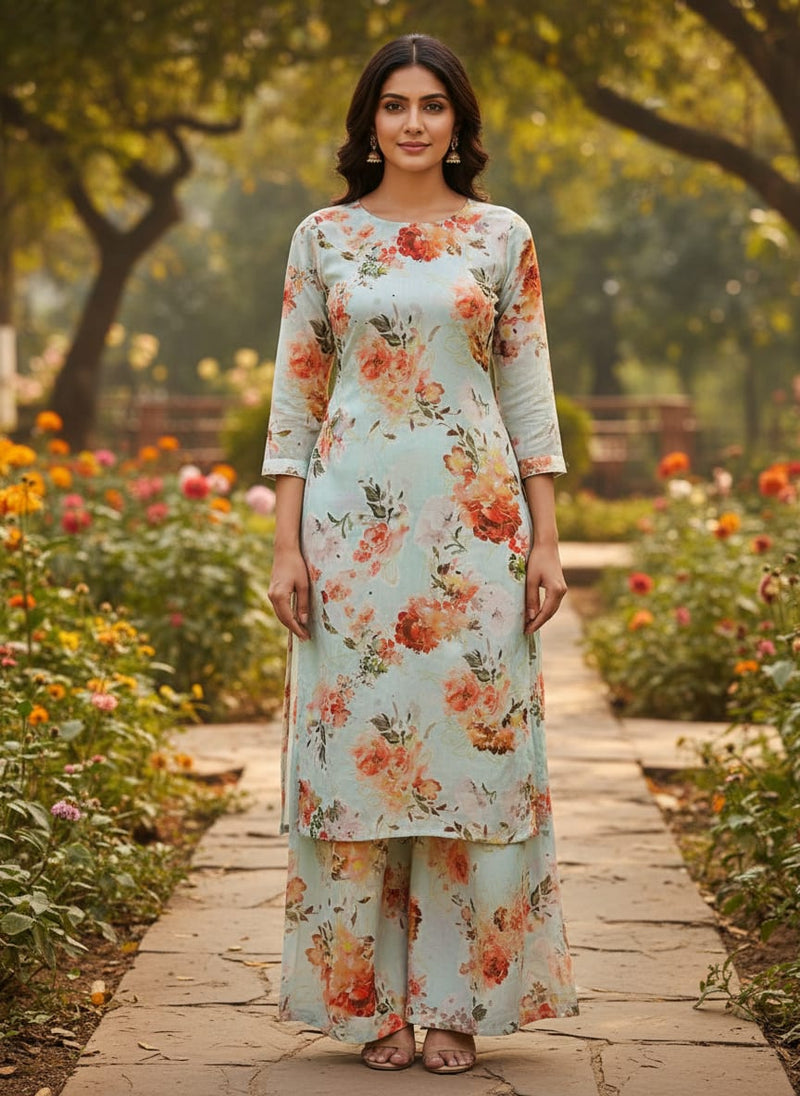 Light Blue Orange Floral Printed Premium Polyester Fabric