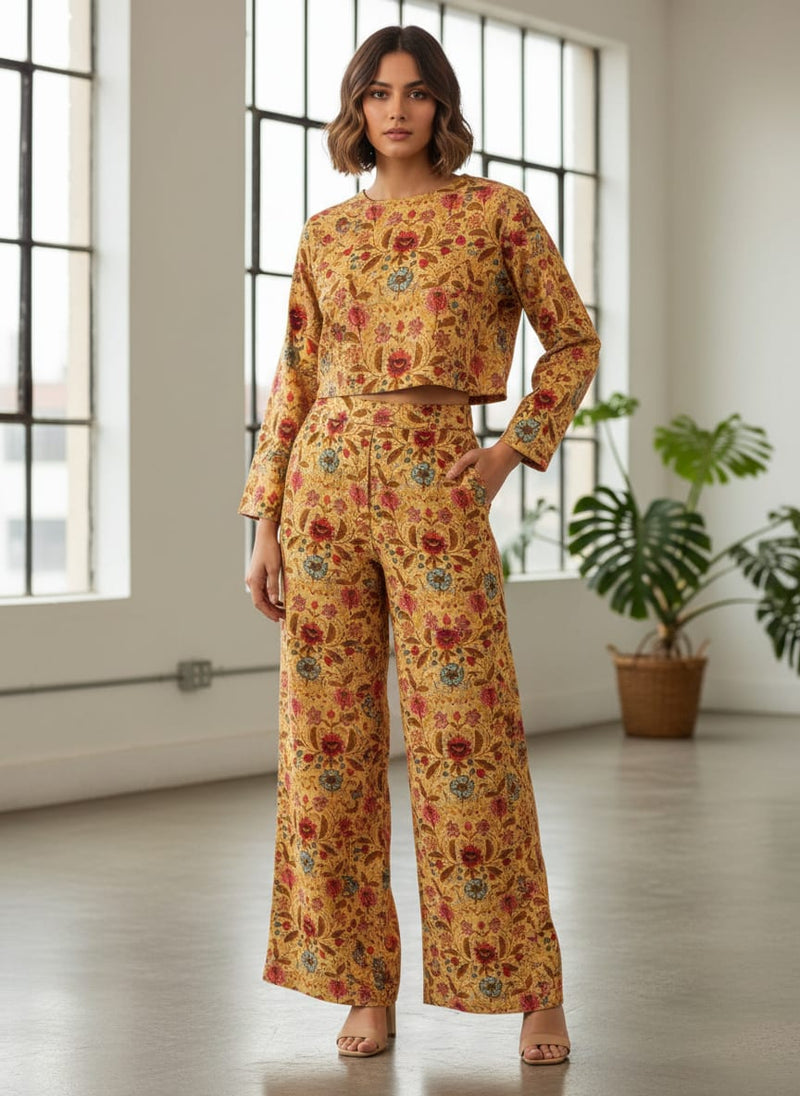 FAB VOGUE Studio Mustard Floral Polyester Fabric Design