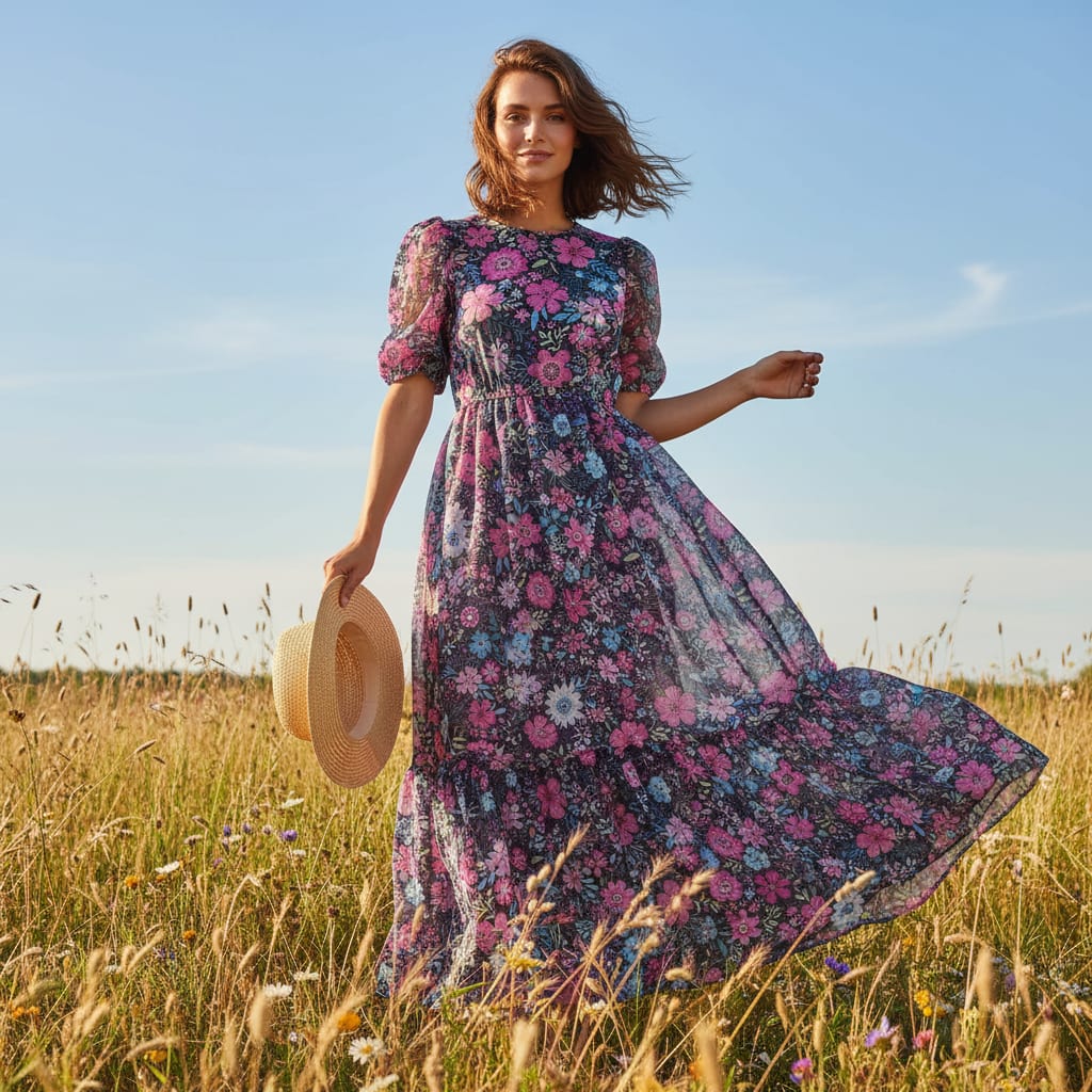 Navy Blue Floral Organza Fabric