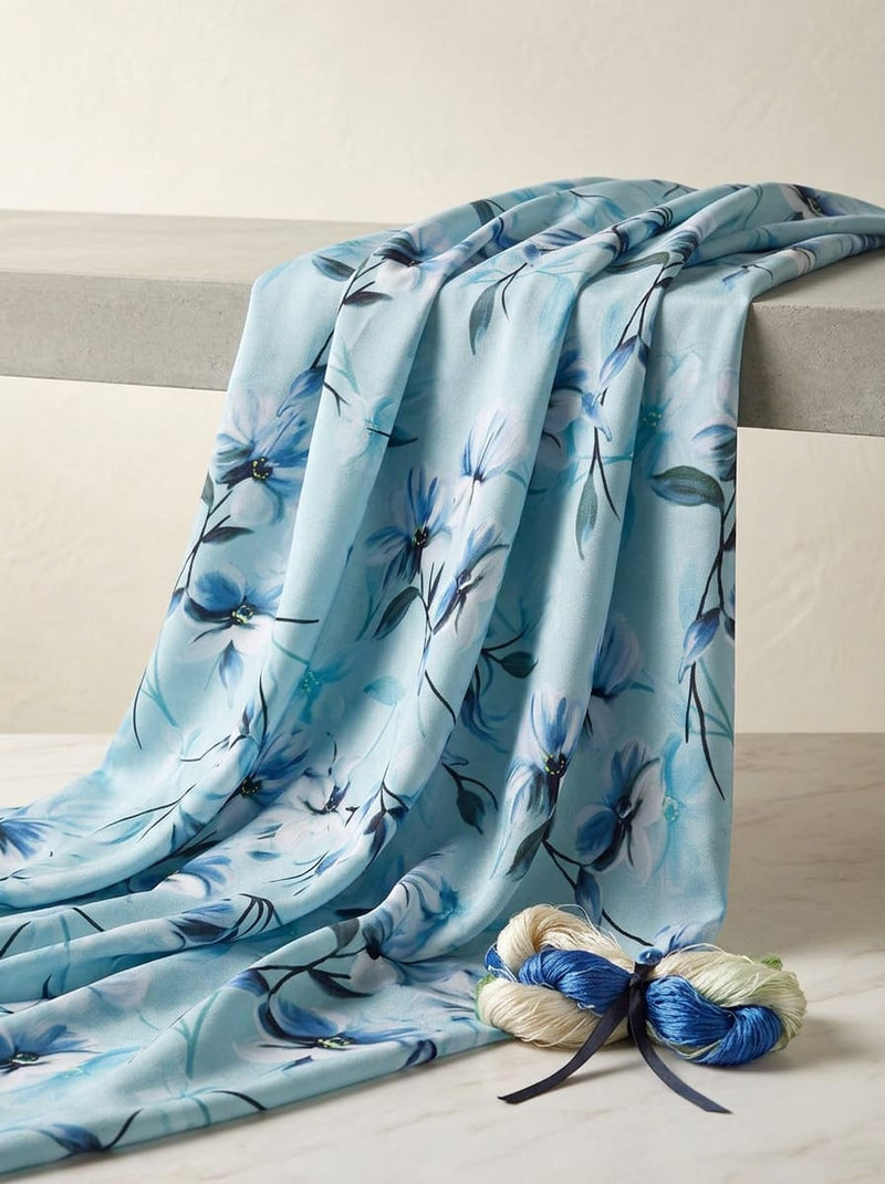 Blue Watercolor Floral Premium Quality Digital Printed Fabric