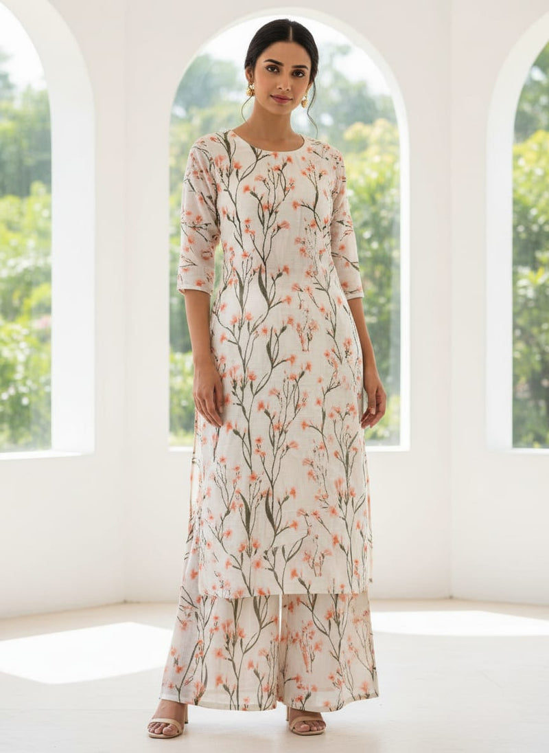 Cream Peach Floral Polyester Dress Fabric for Outfits