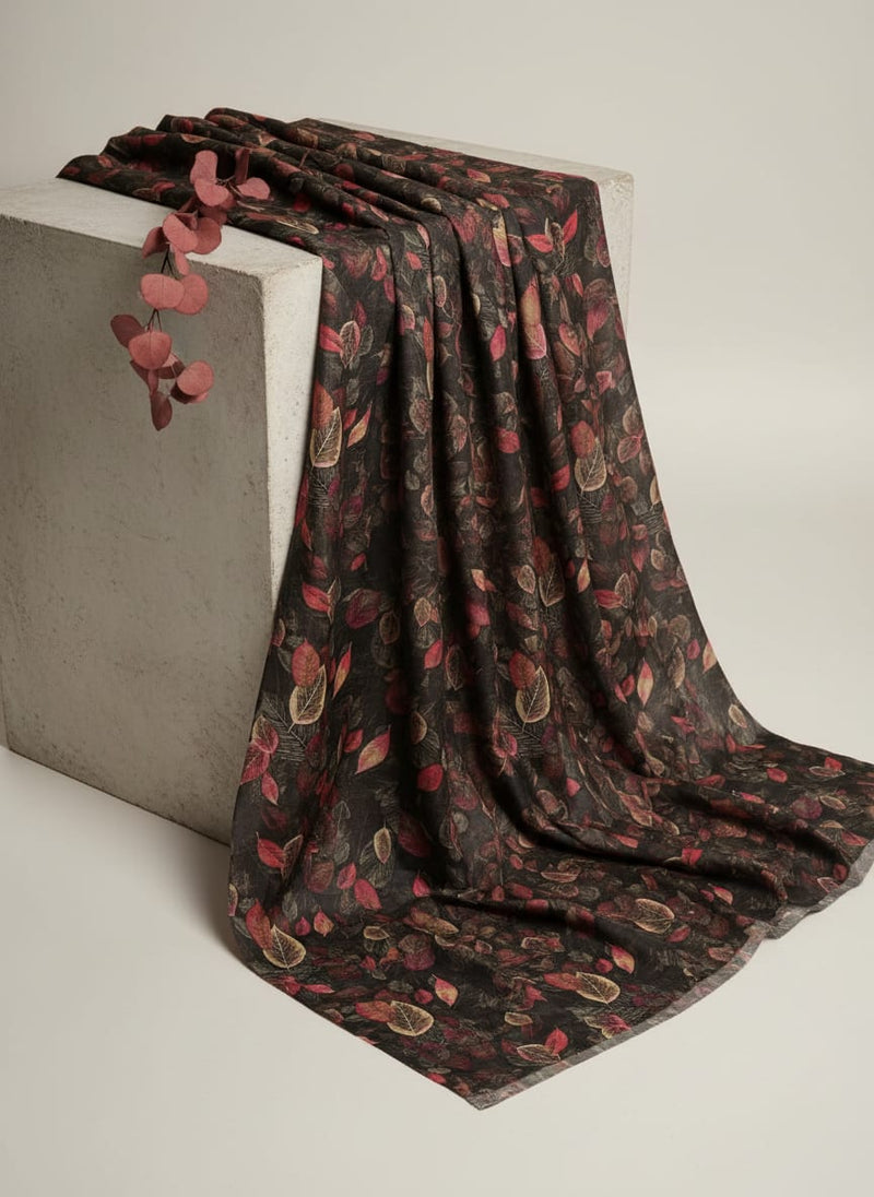 Autumn Leaves Print Dola Silk Polyester Fabric - Black/Red
