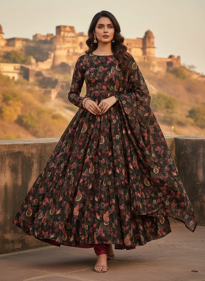 Autumn Leaves Print Dola Silk Polyester Fabric - Black/Red