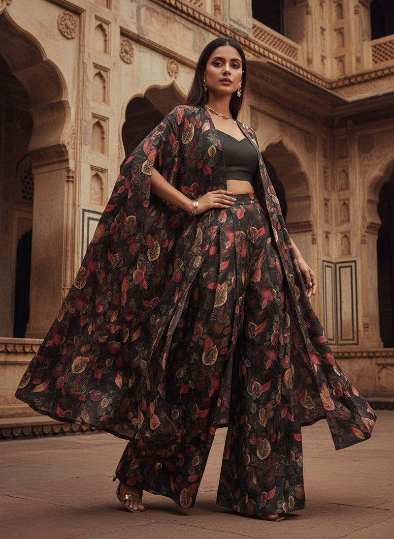 Autumn Leaves Print Dola Silk Polyester Fabric - Black/Red