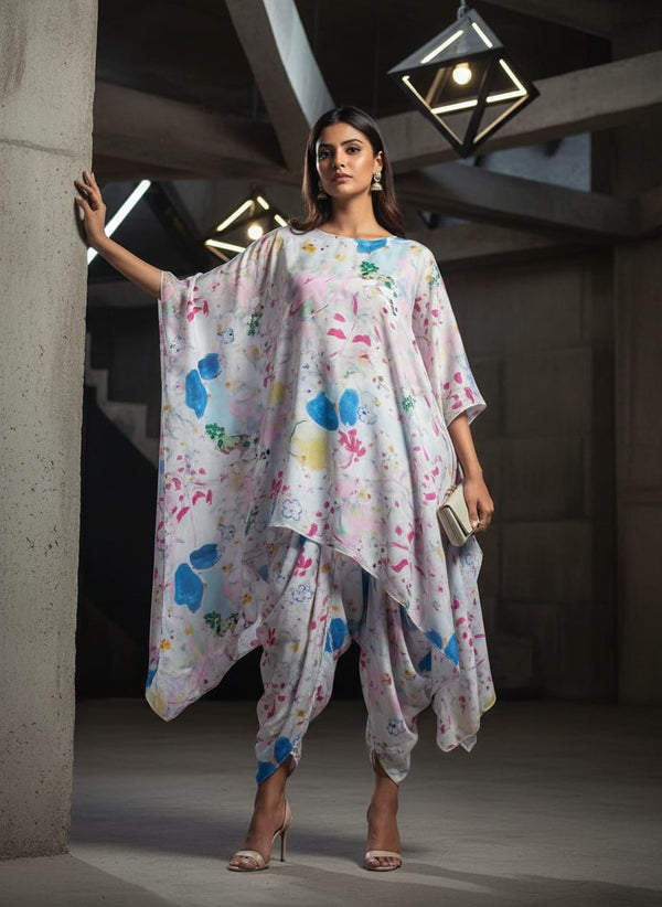 Vibrant Abstract Floral Multi-Color Polyester Digital Print Fabric - Asymmetric Tunic with Dhoti Pants Lookbook - DPQ-0-AA779-145 - alternate view