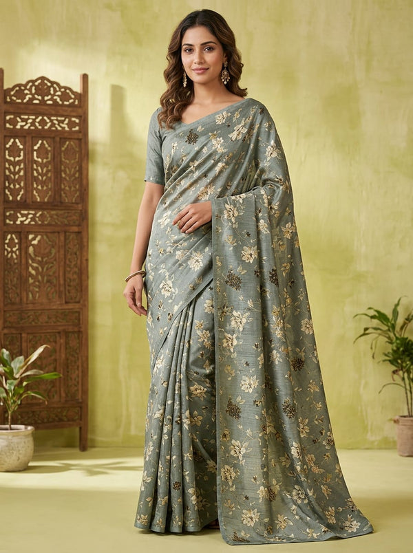 Grey Vintage Botanical Floral Tusser Silk Digital Printed Fabric - Saree Lookbook - TS-0-MA024020-110 - alternate view