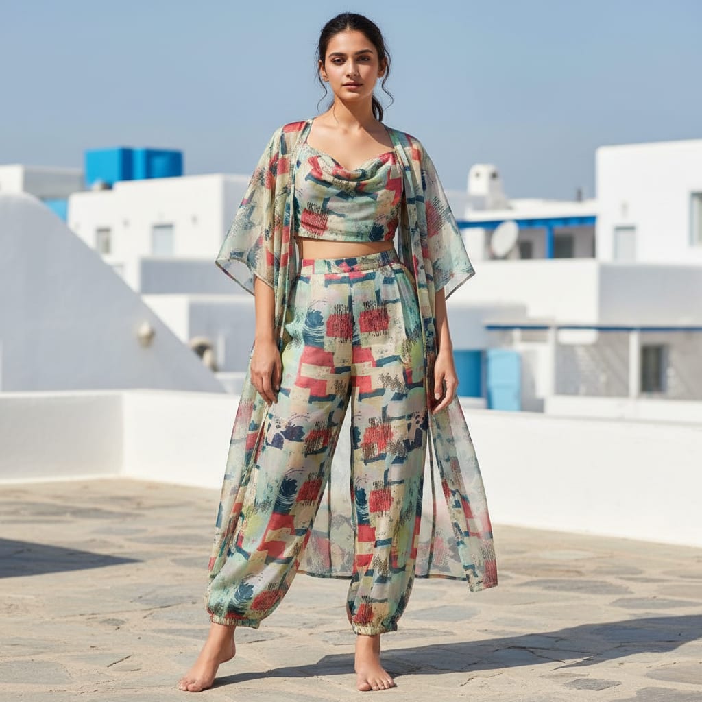 Abstract Print Organza Fabric - Multicolour