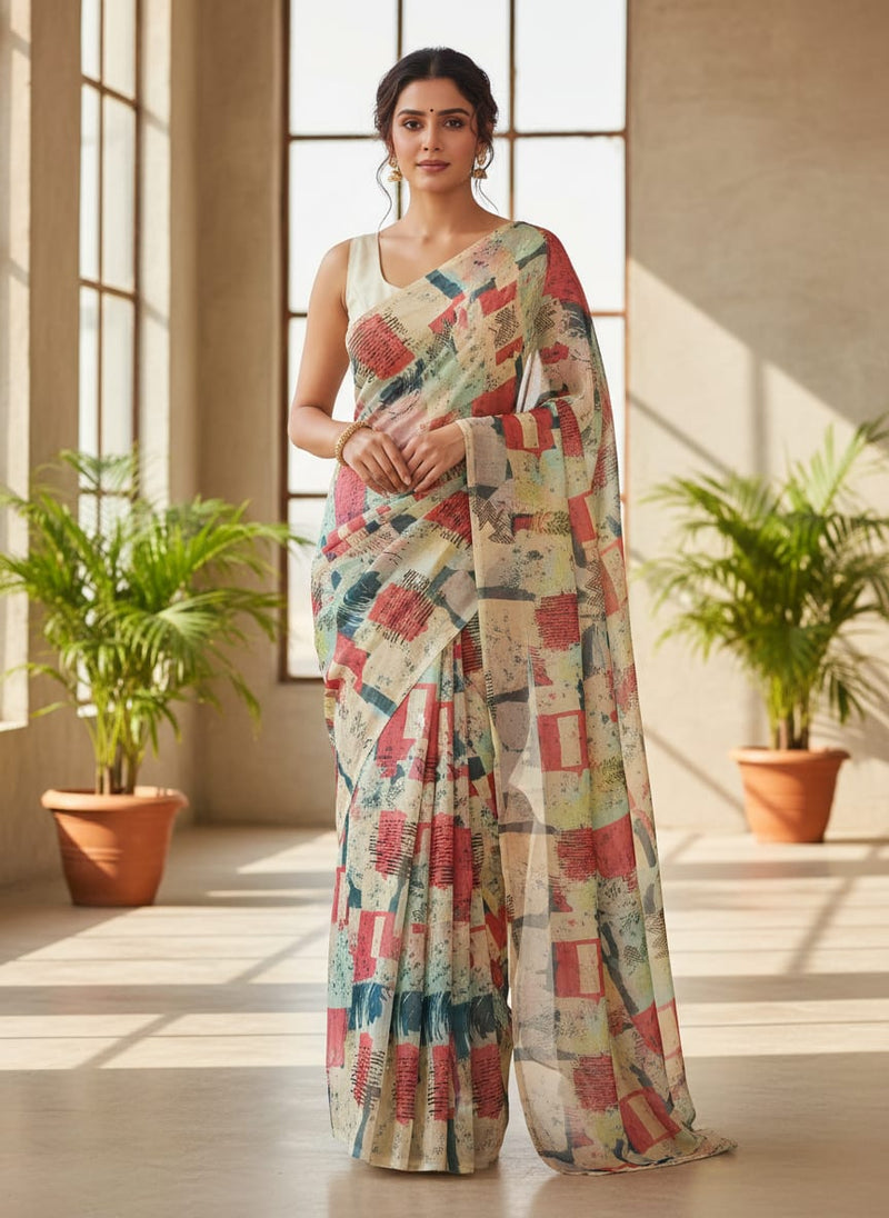 Abstract Print Organza Fabric - Multicolour