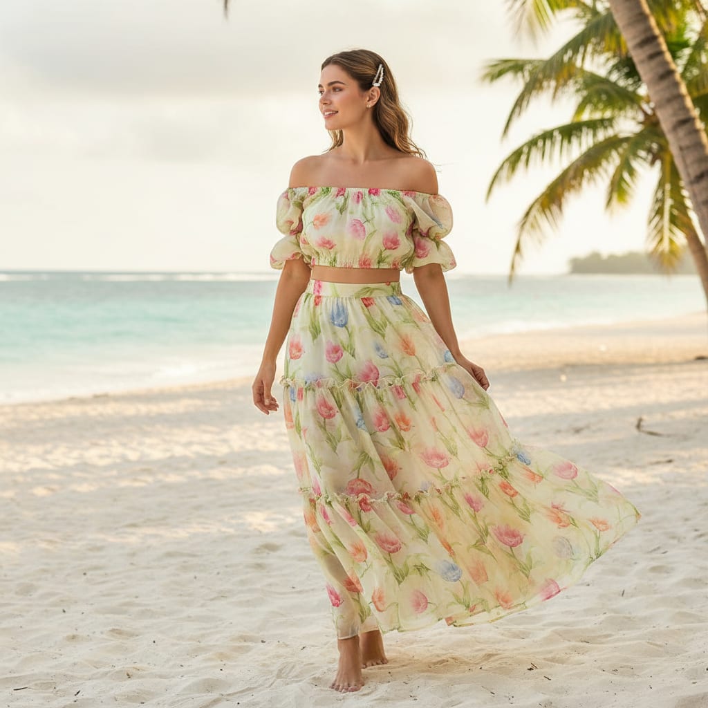 Floral Organza Fabric, Peach & Pink