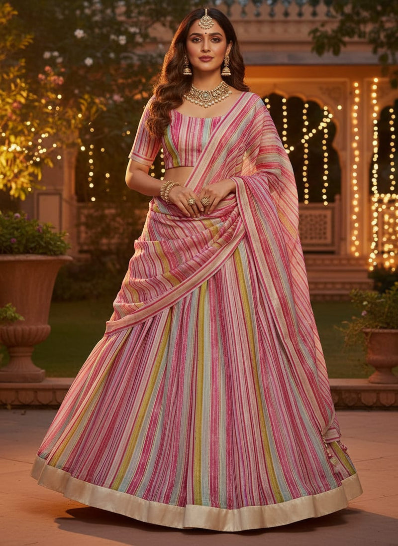 Pink & Green Striped Organza Fabric