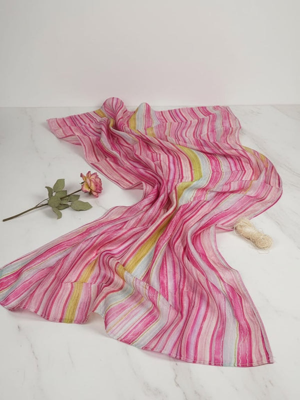 Pink & Green Striped Organza Fabric