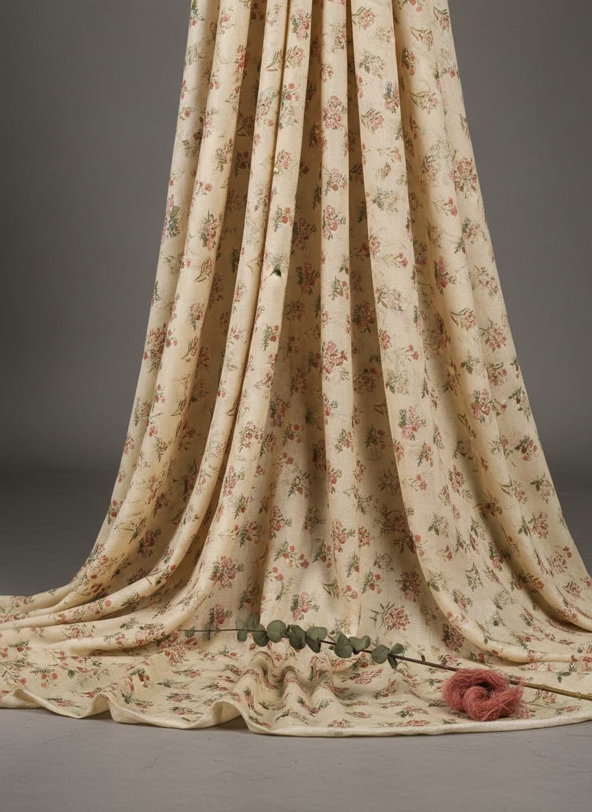 Cream Floral Printed Tusser Silk Fabric