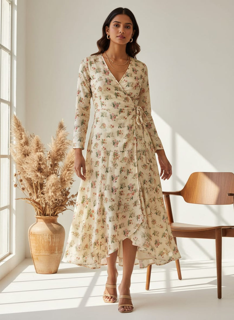 Cream Floral Printed Tusser Silk Fabric