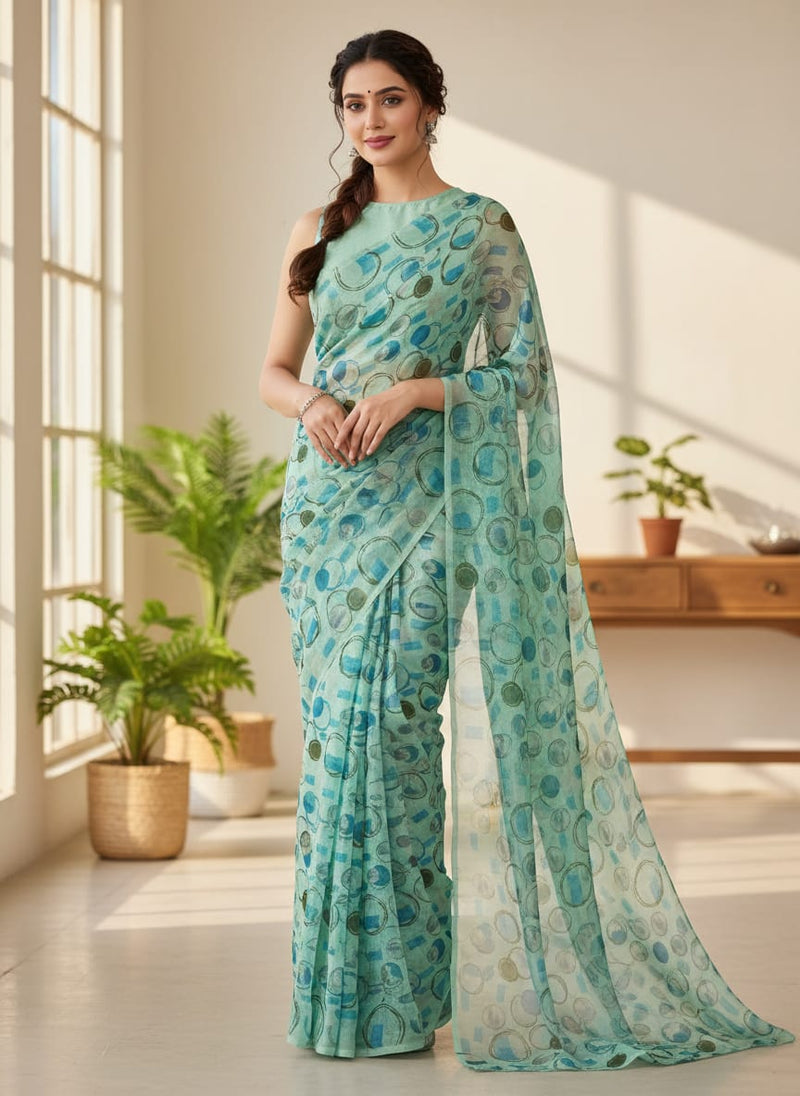 Aqua Green Abstract Print Organza Fabric