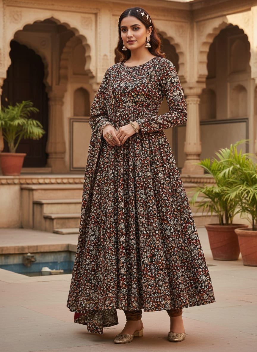 Black Tusser Silk with Ditsy Floral Print