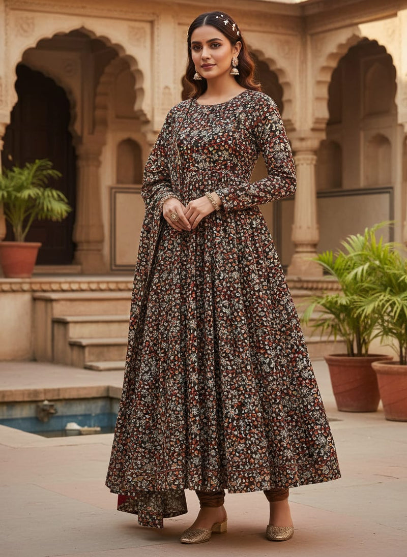 Black Tusser Silk with Ditsy Floral Print