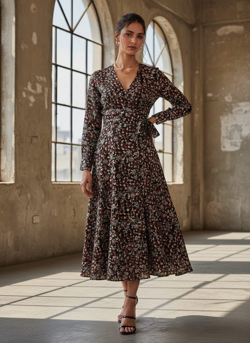 Black Tusser Silk with Ditsy Floral Print