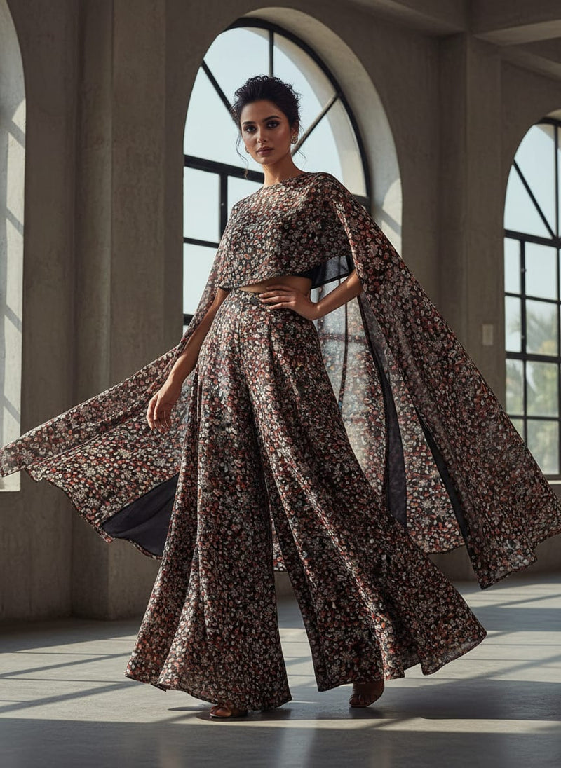 Black Tusser Silk with Ditsy Floral Print