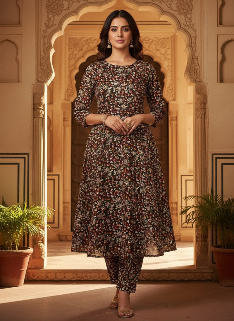 Black Tusser Silk with Ditsy Floral Print