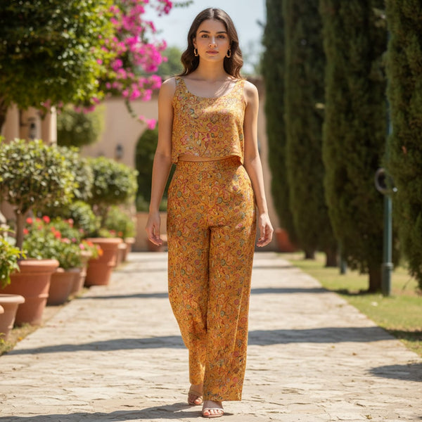 Mustard Gold Floral Tusser Silk Fabric - alternate view