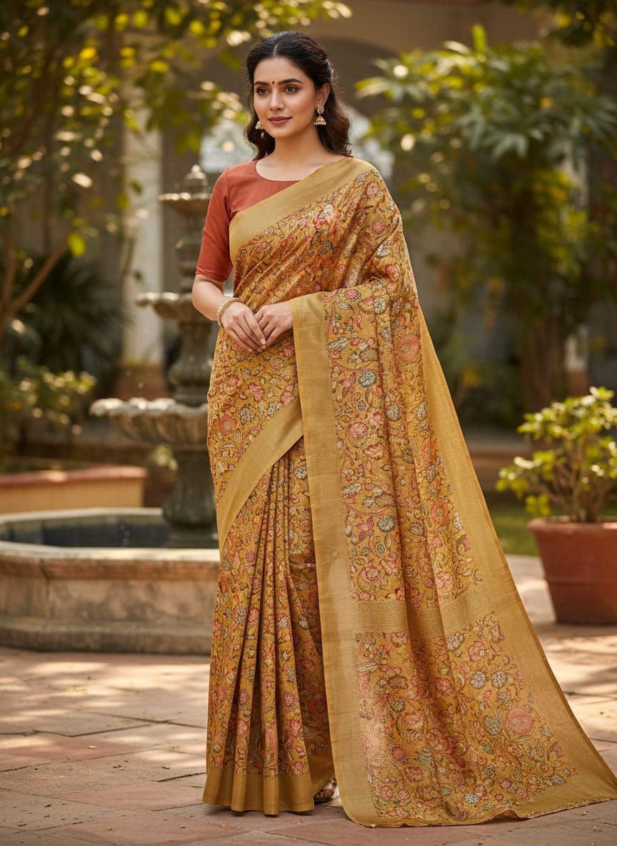 Mustard Gold Floral Tusser Silk Fabric