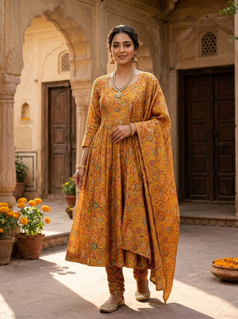 Yellow Ethnic Kalamkari Style Floral Tusser Silk Digital Printed Fabric