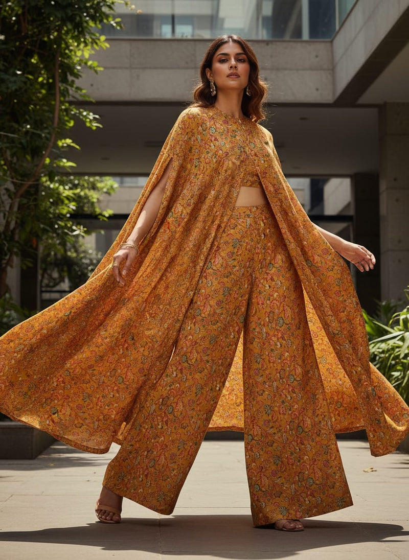 Mustard Gold Floral Tusser Silk Fabric