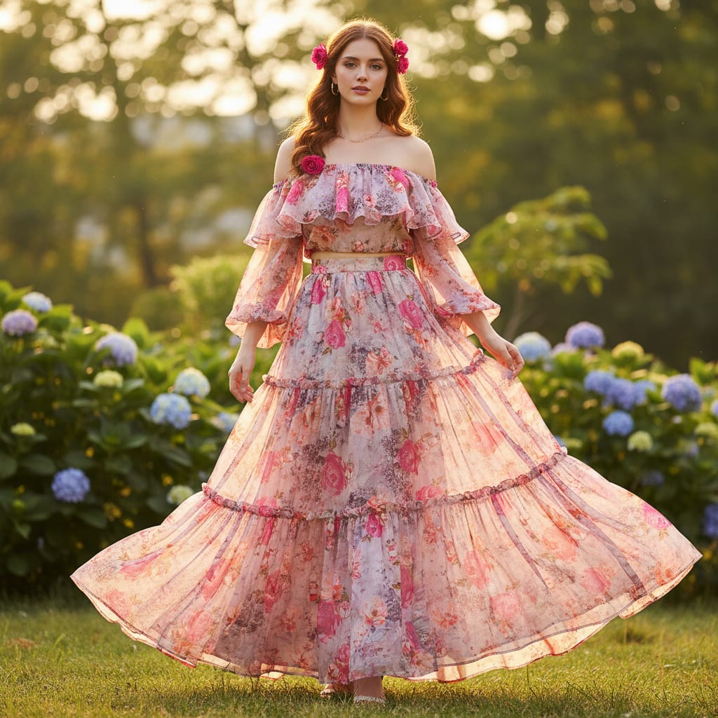 Pink Floral Printed Organza Fabric