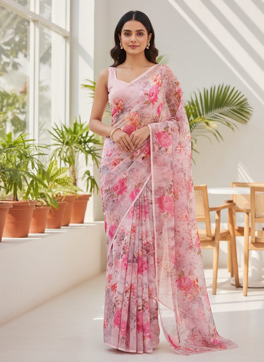 Pink Floral Printed Organza Fabric