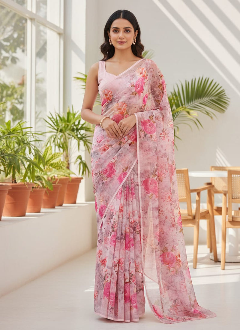 Pink Floral Printed Organza Fabric