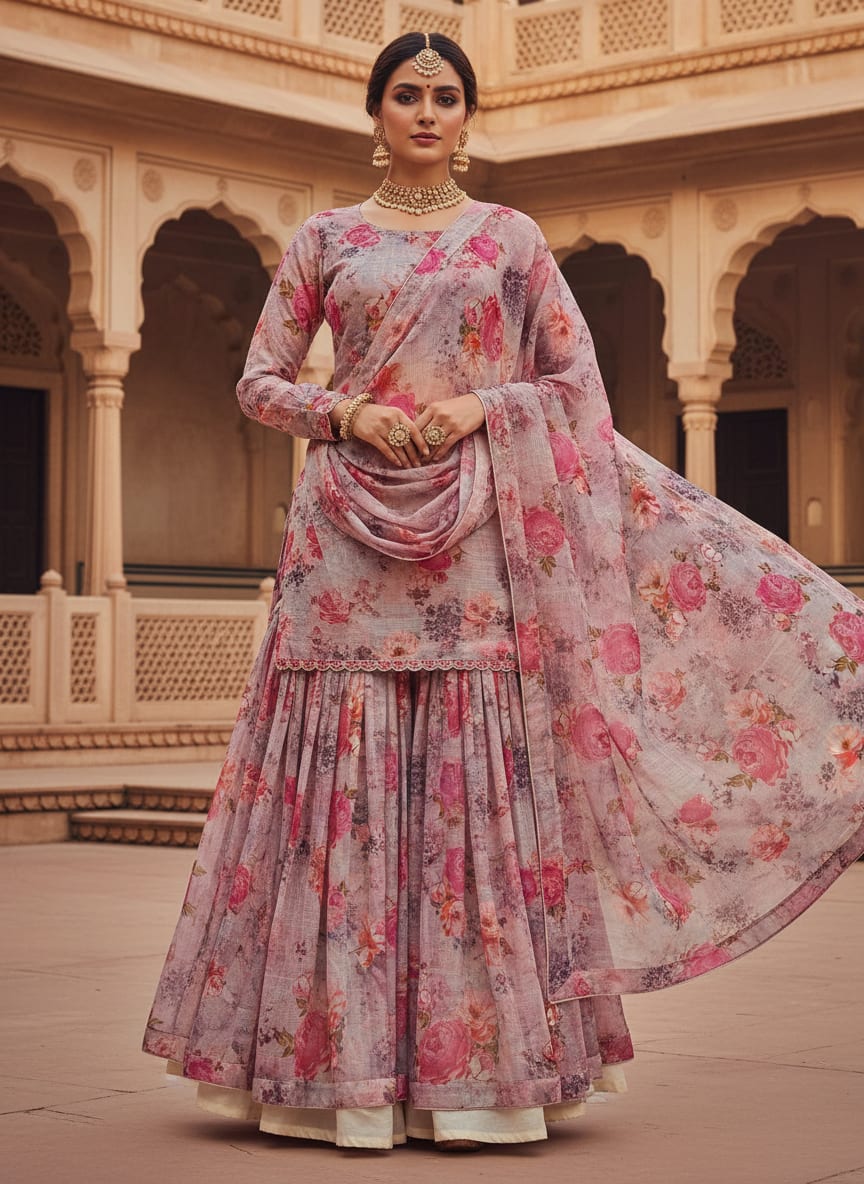 Pink Floral Printed Organza Fabric