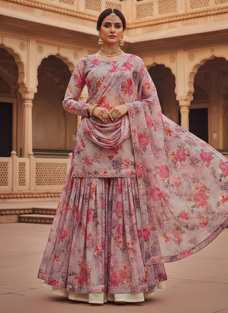 Pink Floral Printed Organza Fabric