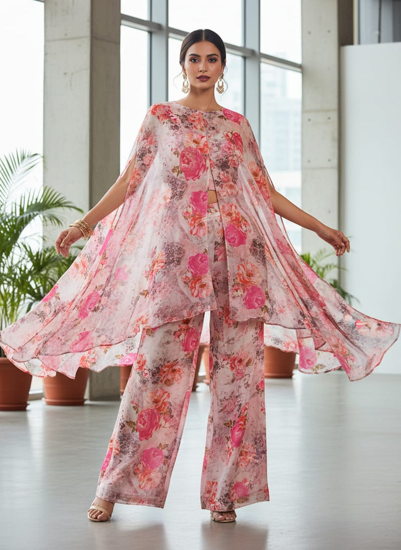 Pink Floral Printed Organza Fabric