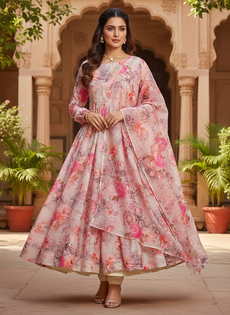 Pink Floral Printed Organza Fabric