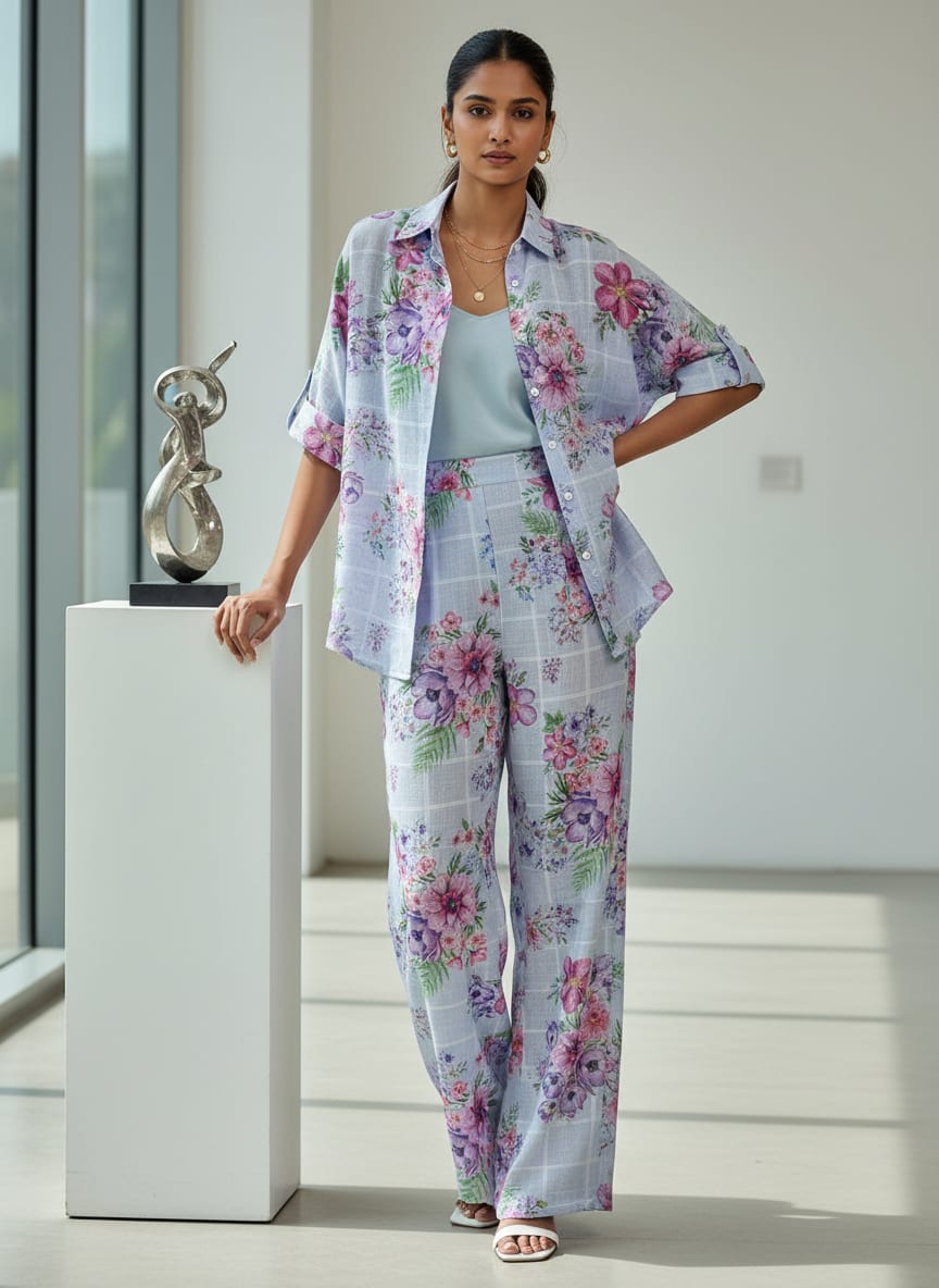 Blue Linen with Floral Bouquet Print